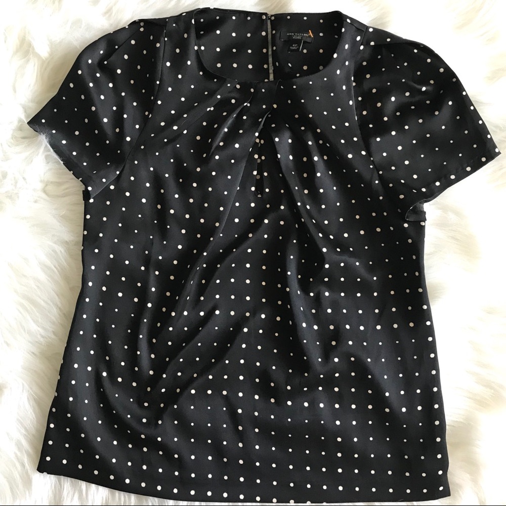 Ann Taylor Polka Dot Navy White Top with Keyhole
